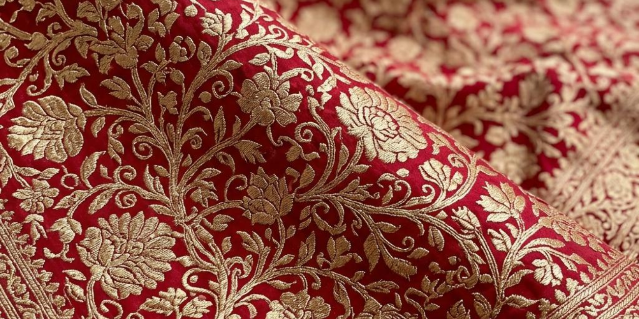 Elegant Banarasi silk saree in vibrant red and gold, featuring traditional designs and a lustrous finish.